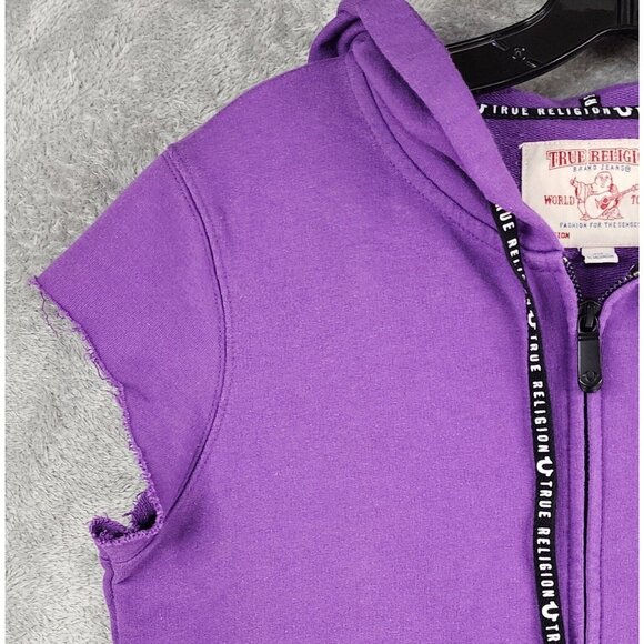 True Religion Hoodie Womens Small Purple Full Zip Cutoff Sleeves Sweatshirt - Picture 9 of 11